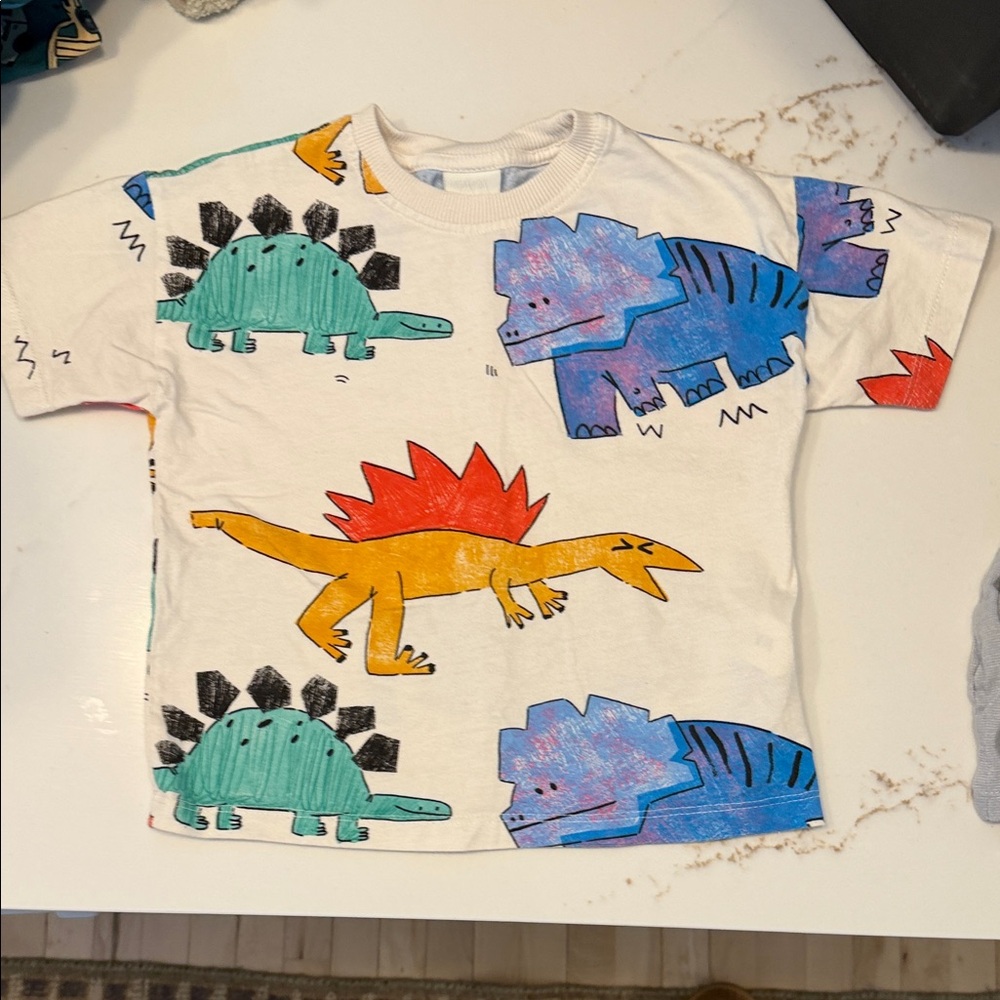 Zara White Short Sleeve Tee with Multicolor Dinosaur Prints